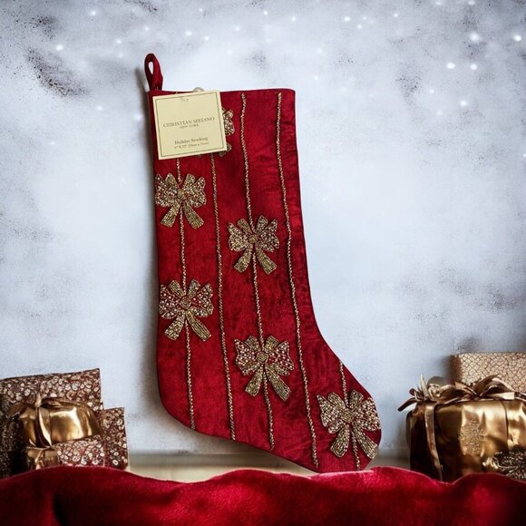 Christian Siriano Luxury Red Gold Beaded Bows22" Christmas Stocking NEW